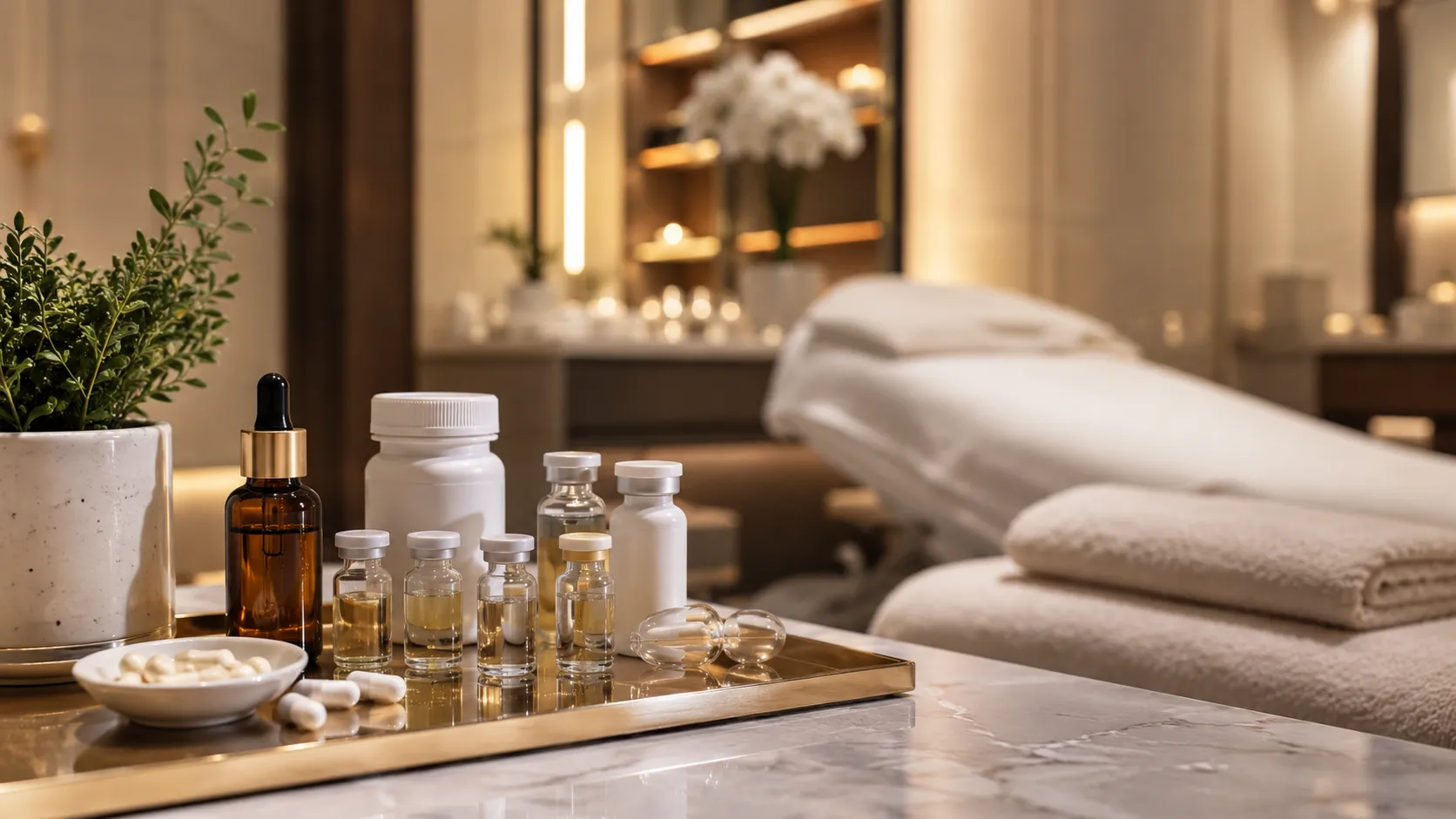 Treatment room at The Wellness Room in West Miami with vials and ampoules laid out on a marble tray
