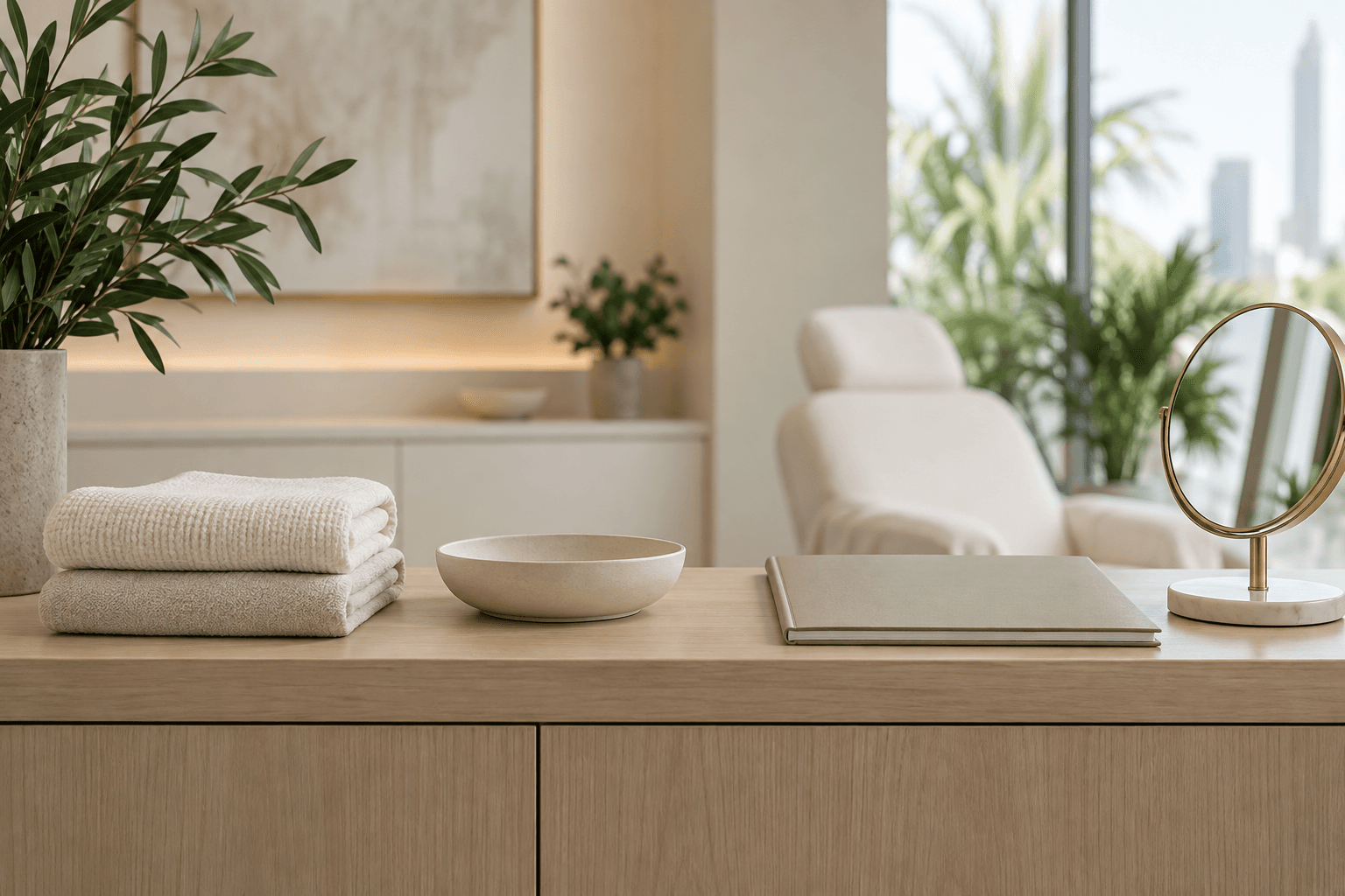 Wide shelf-level, people-free esthetician consultation arrangement with folded neutral linens, an empty unbranded ceramic dish, a closed blank consultation folder, and a small round mirror
