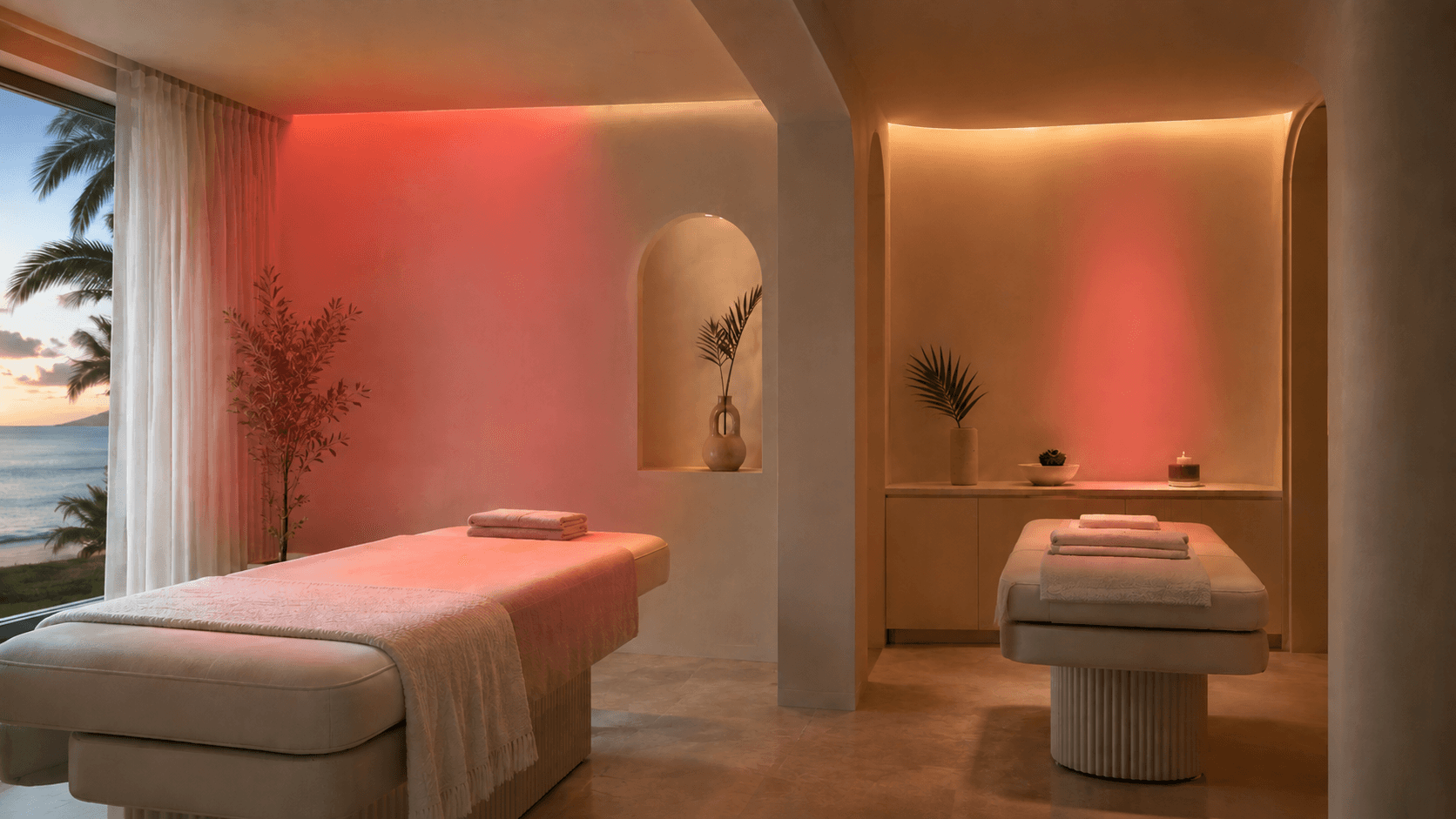People-free editorial treatment room with separate soft red light zones representing body and facial Red Light Therapy at The Wellness Room