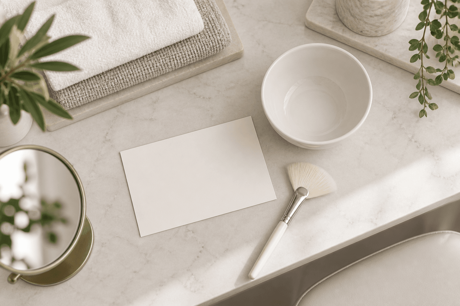 Top-down people-free chemical peel consultation setup with folded linens, an empty ceramic bowl, a dry fan brush, a round mirror, and a blank card
