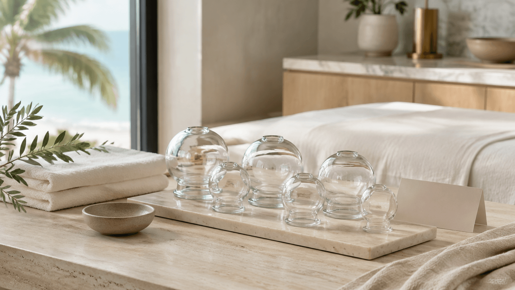 Glass cupping cups arranged in a calm treatment room at The Wellness Room