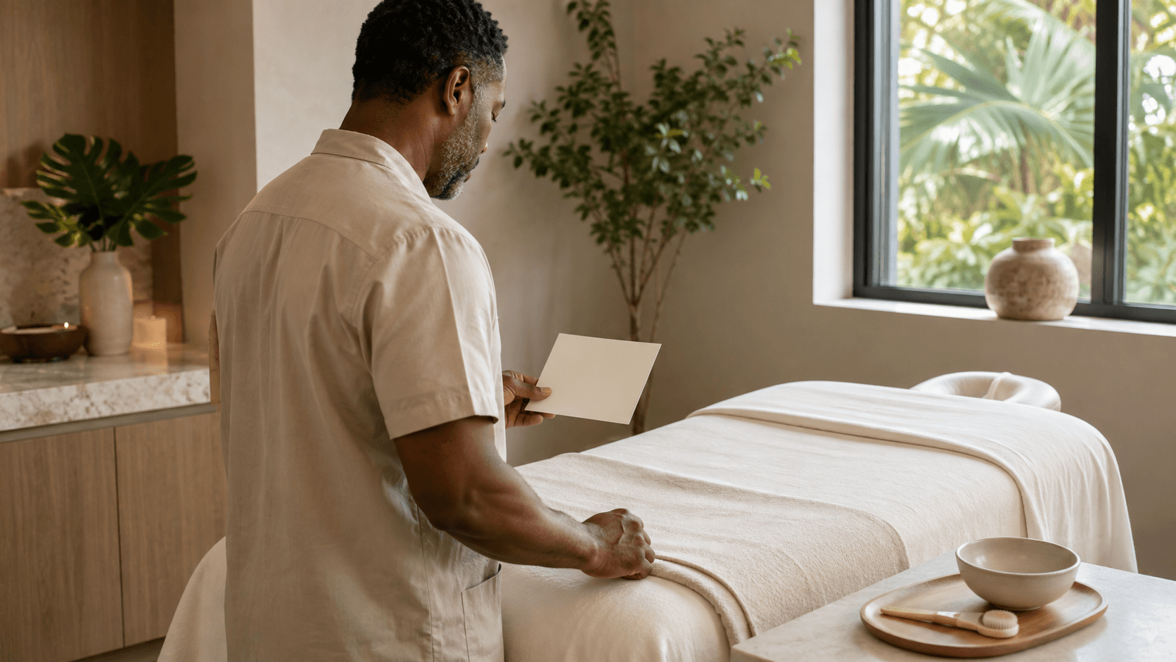 Male esthetician preparing a soft facial brush and ceramic bowl beside neutral clinical linens at The Wellness Room