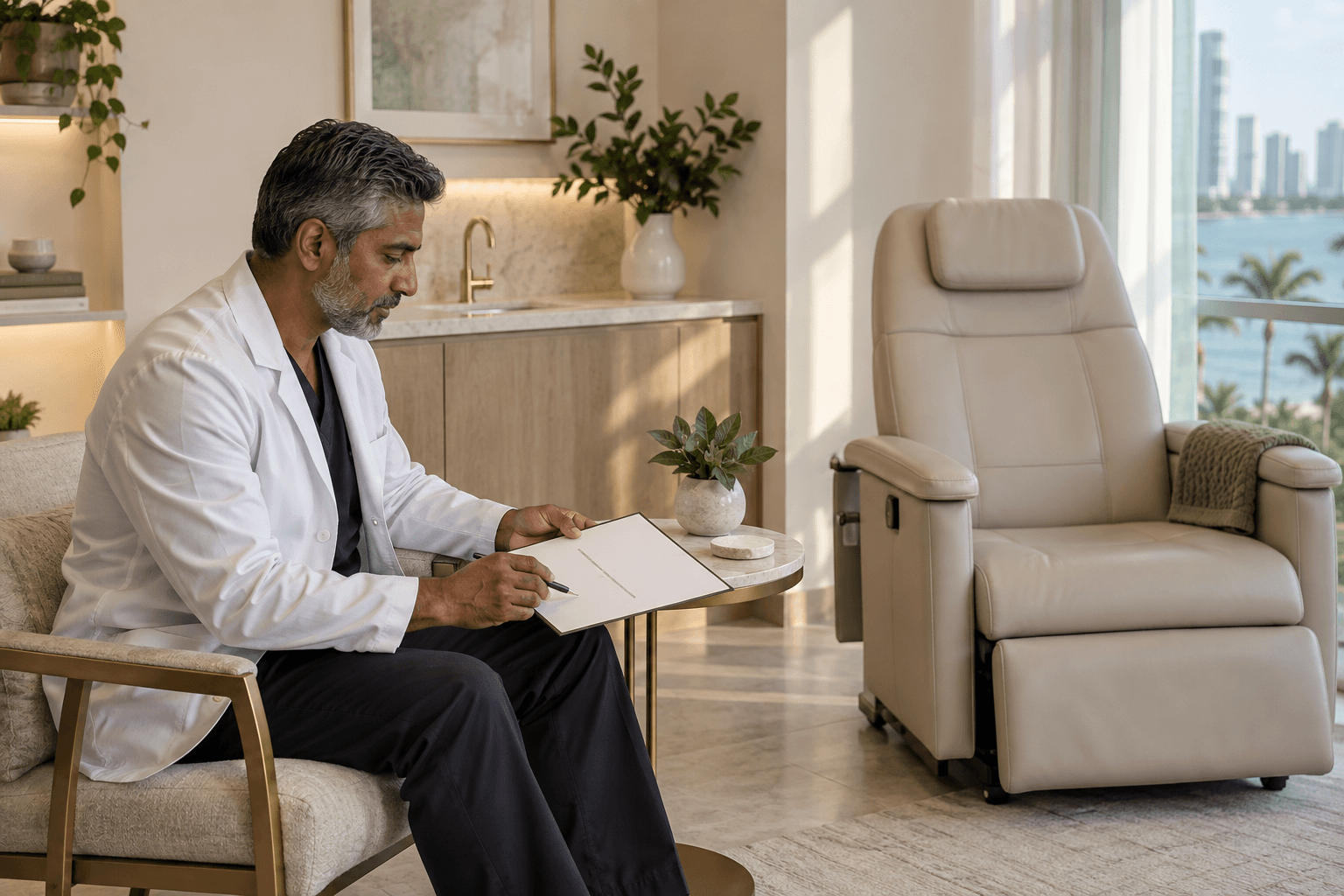 Wide side-angle view of one South Asian male clinician in his 50s seated beside an unoccupied infusion chair while reviewing a blank two-column consultation card