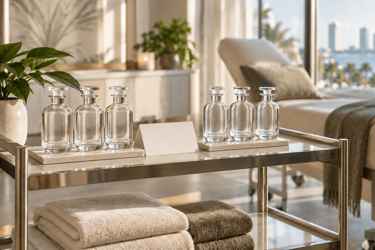 People-free side-angle view of neutral unlabeled glass objects and a blank consultation card on a service cart in a calm treatment room