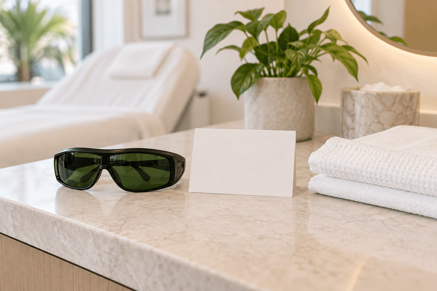 People-free close tabletop laser consultation setup with neutral protective eyewear, clean clinical linens, and a blank unbranded face-area consultation card
