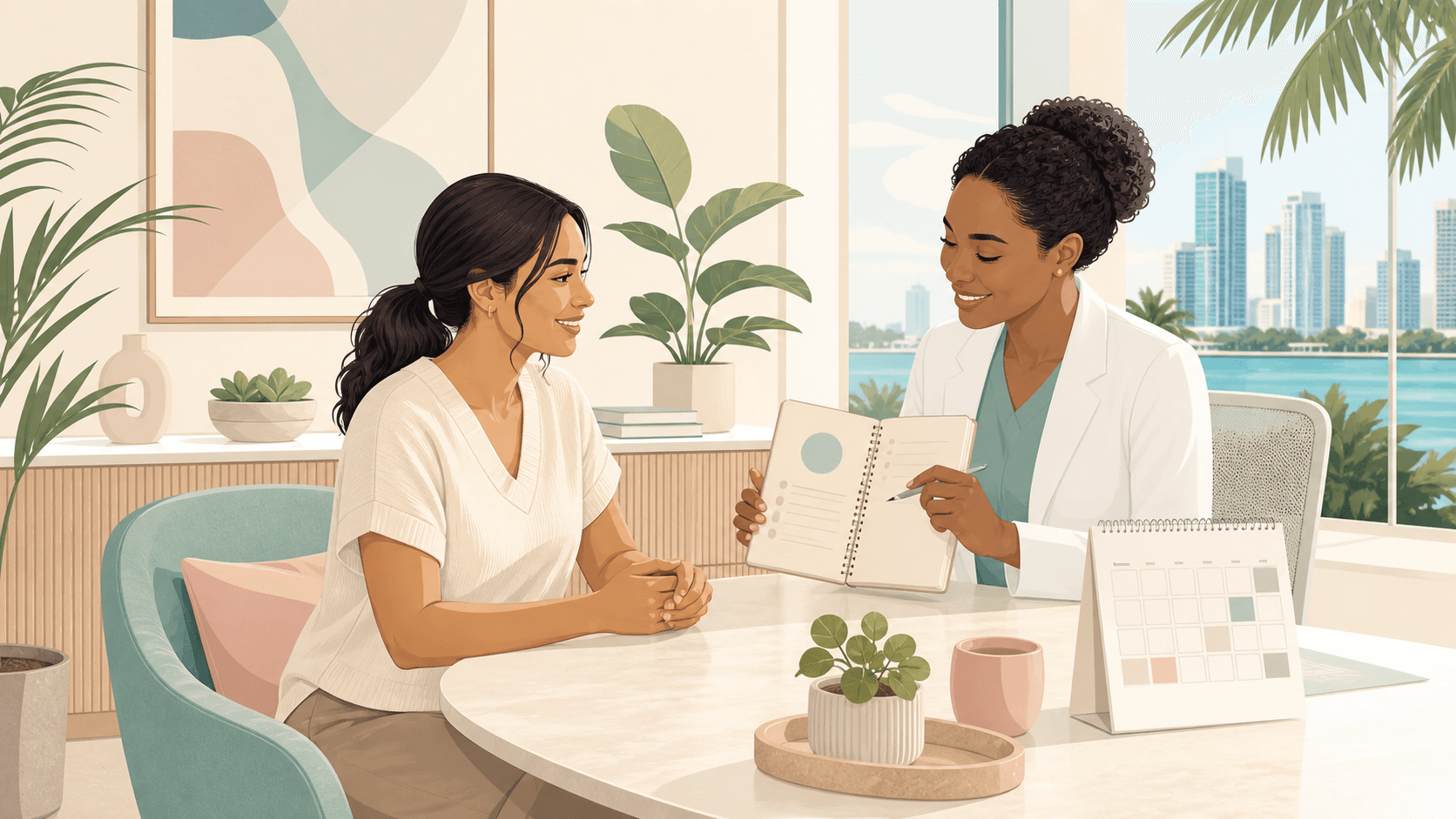 The Wellness Room medical weight loss consultation with a clinician reviewing monthly check-ins