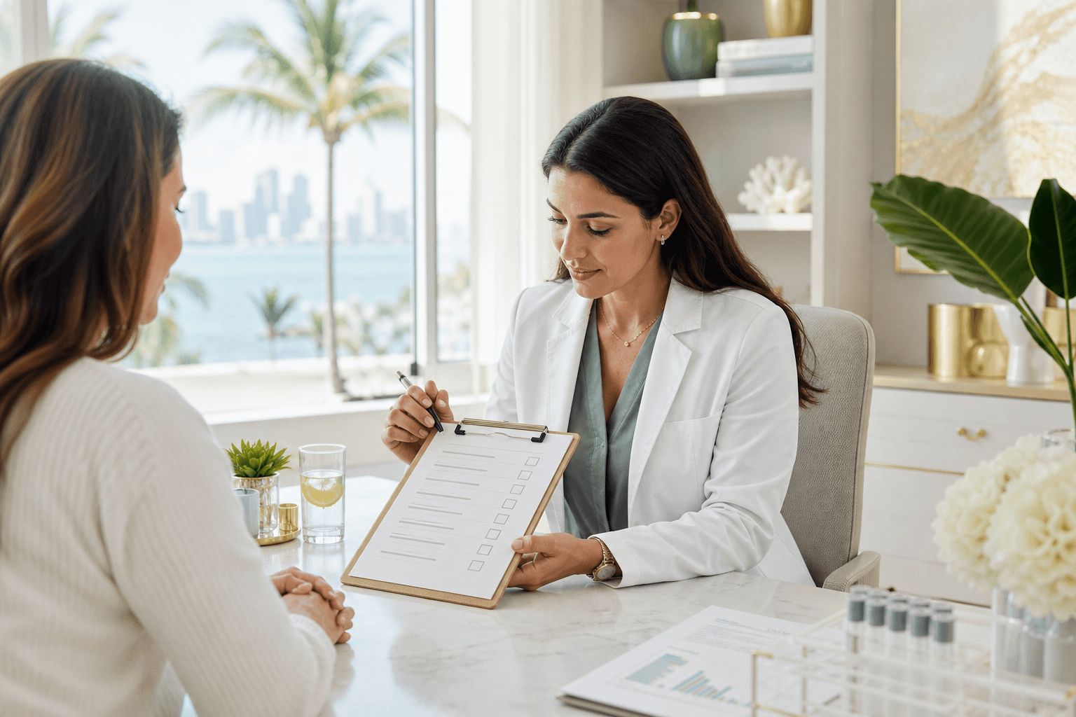 Miami wellness consultation with a clinician reviewing a checklist