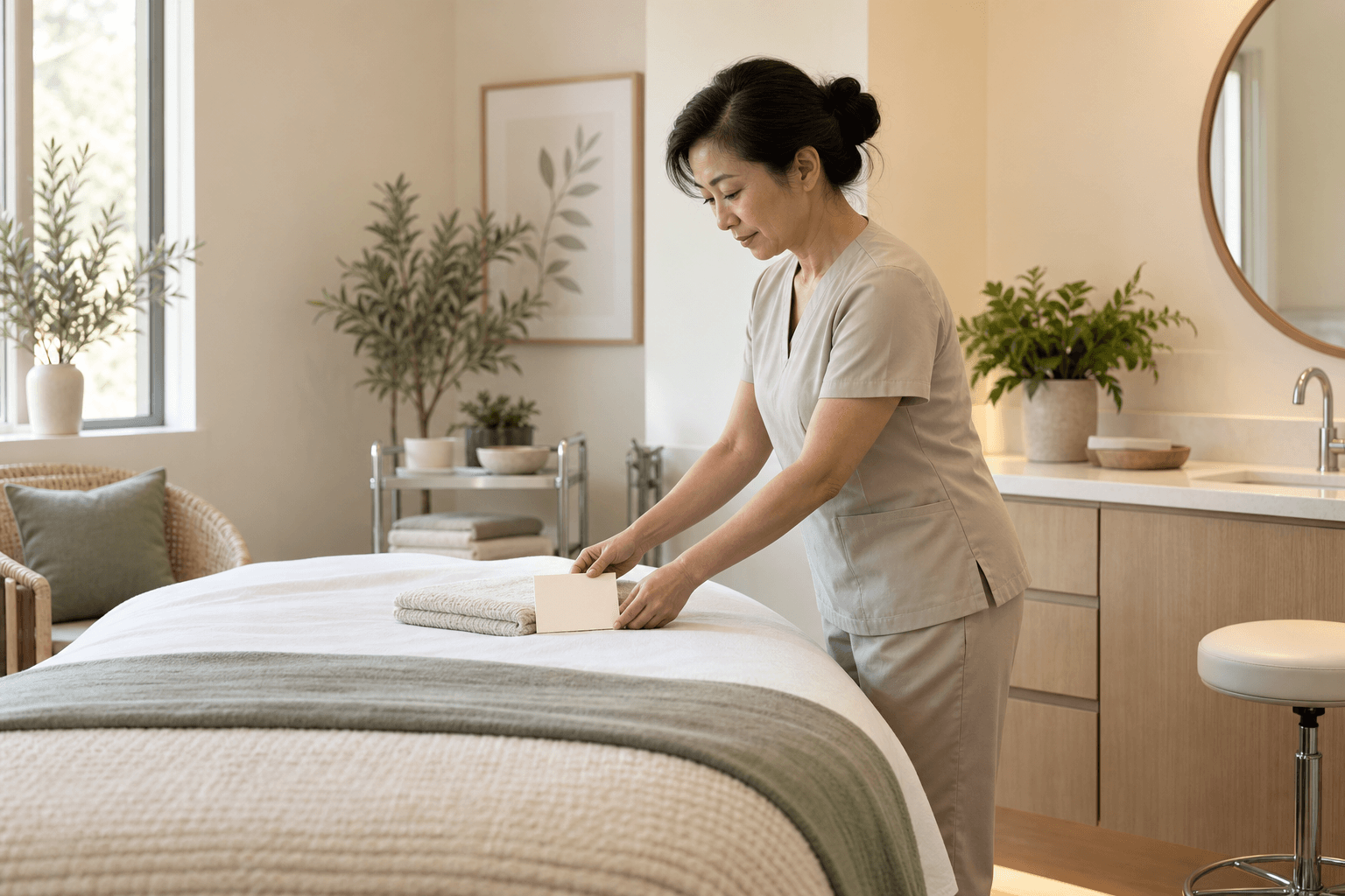 East Asian woman esthetician in her 50s preparing neutral linens and a blank consultation card in a Skin Rejuvenation service room