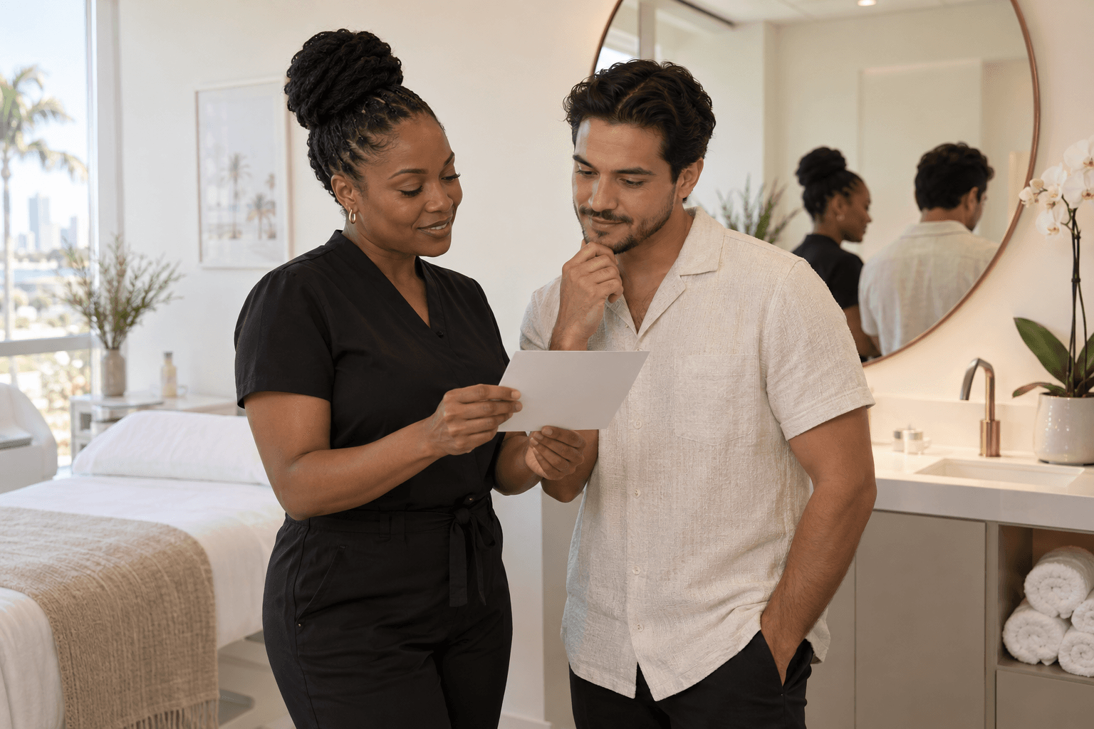 Standing mirror-side skin consultation with a Black woman esthetician and a Latino man patient reviewing a blank consultation card in a calm Miami clinic room
