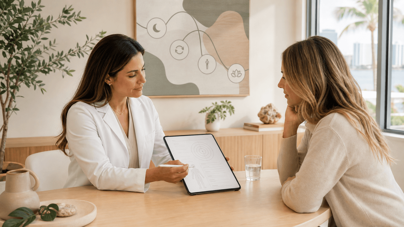 The Wellness Room peptide therapy consultation focused on personal goals and health history in Miami