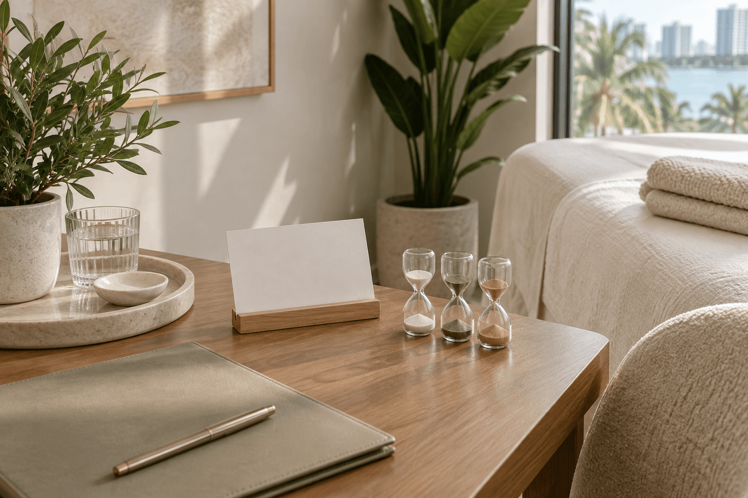 Angled people-free body-treatment consultation setup with folded linens, a blank unbranded consultation card, and neutral unlabeled objects in a calm Miami clinic room