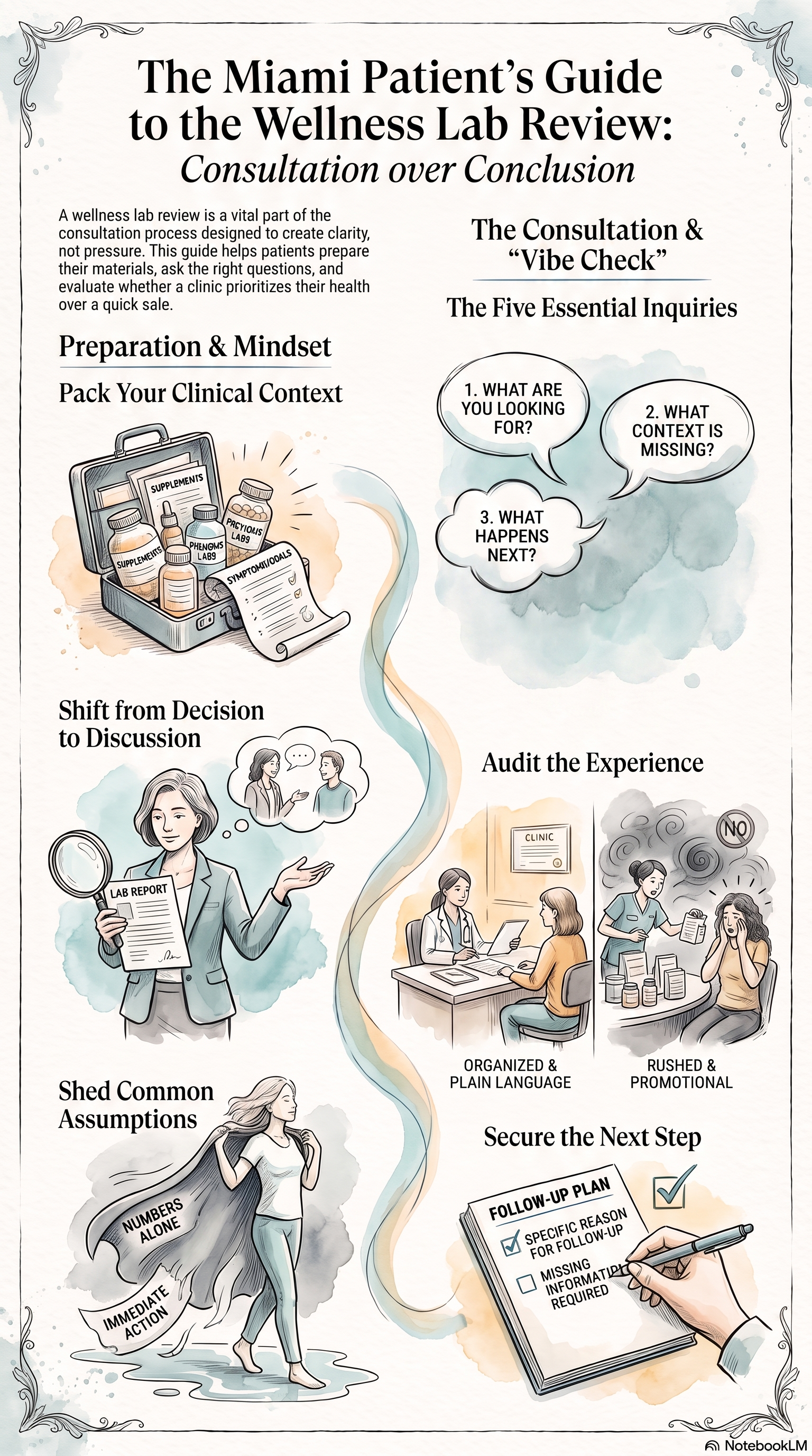 Miami patient preparing for a wellness lab review with notes and questions